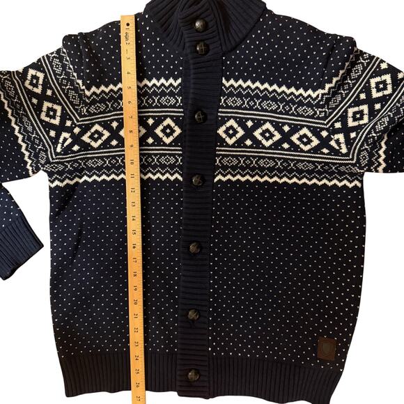 Ben Sherman Navy White Fair Isle Wool & Cotton Leather Button Cardigan Men’s L - Picture 11 of 14